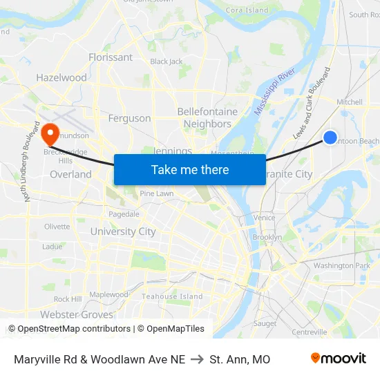 Maryville Rd & Woodlawn Ave NE to St. Ann, MO map
