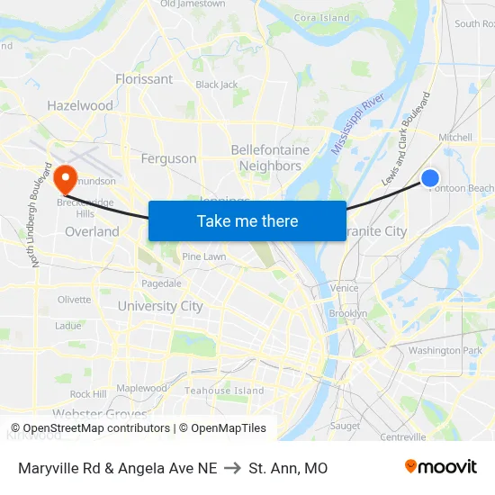 Maryville Rd & Angela Ave NE to St. Ann, MO map