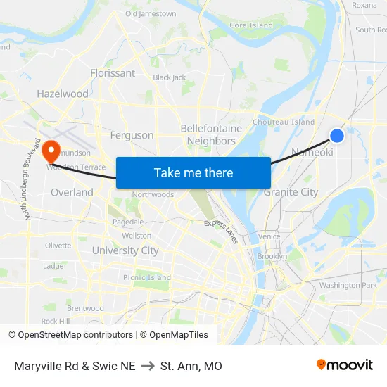 Maryville Rd & Swic NE to St. Ann, MO map