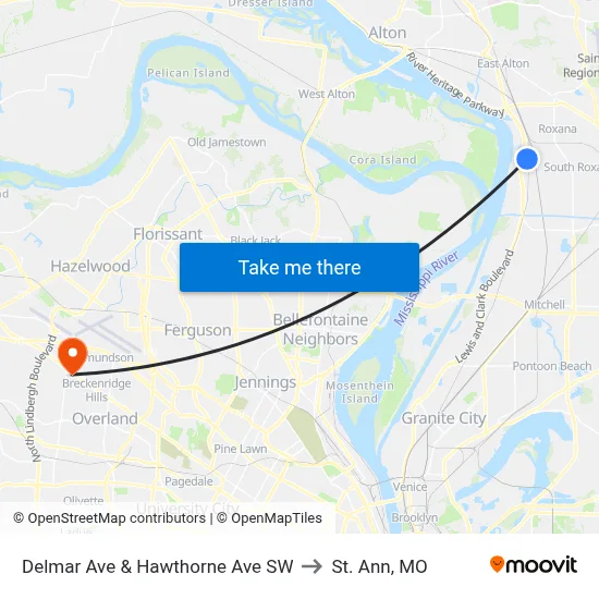 Delmar Ave & Hawthorne Ave SW to St. Ann, MO map