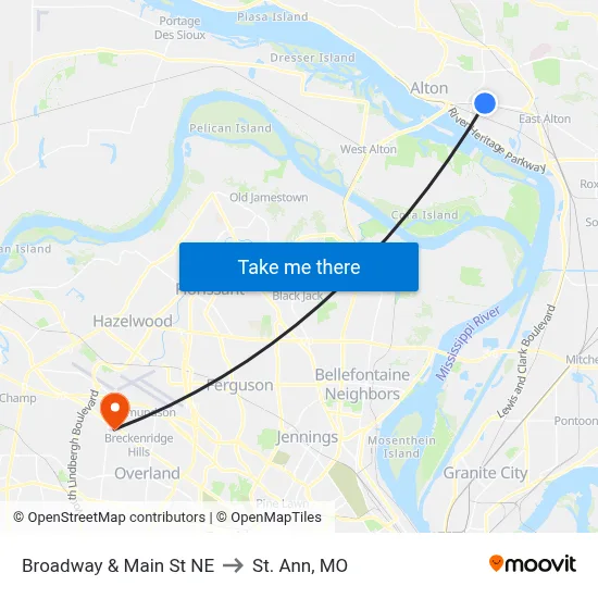 Broadway & Main St NE to St. Ann, MO map