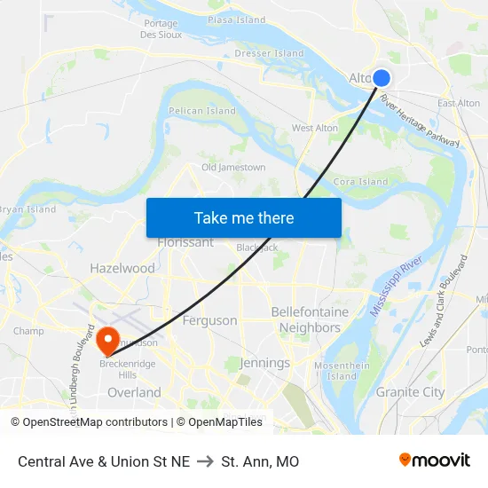 Central Ave & Union St NE to St. Ann, MO map