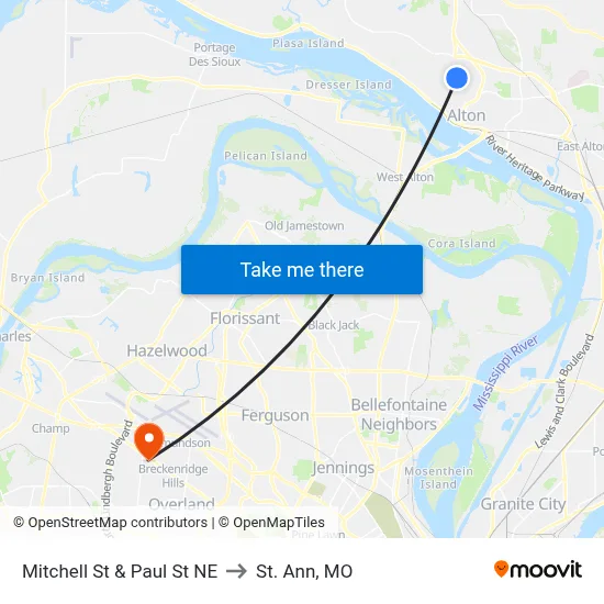 Mitchell St & Paul St NE to St. Ann, MO map