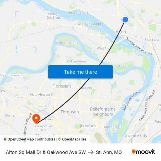 Alton Sq Mall Dr & Oakwood Ave SW to St. Ann, MO map