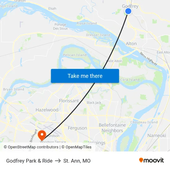 Godfrey Park & Ride to St. Ann, MO map