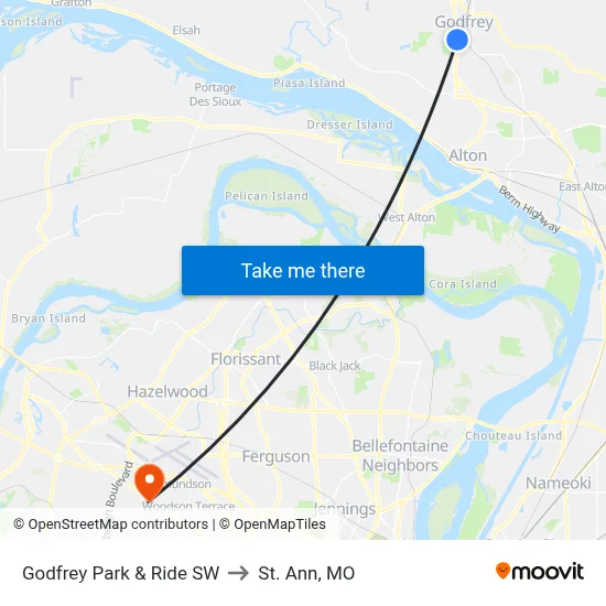 Godfrey Park & Ride SW to St. Ann, MO map
