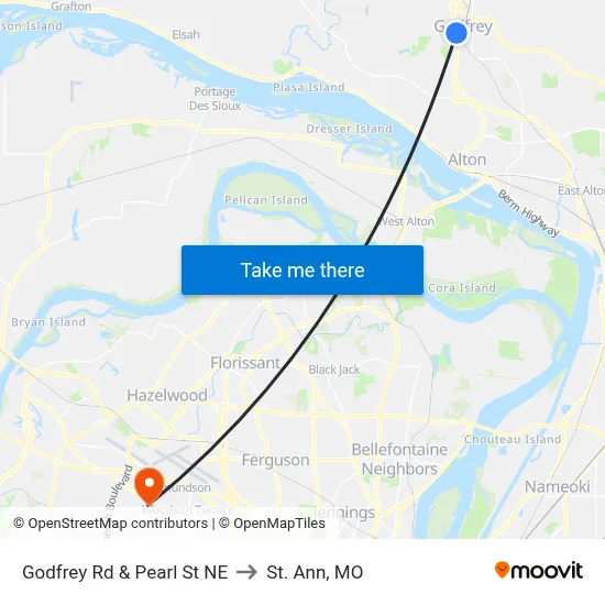 Godfrey Rd & Pearl St NE to St. Ann, MO map