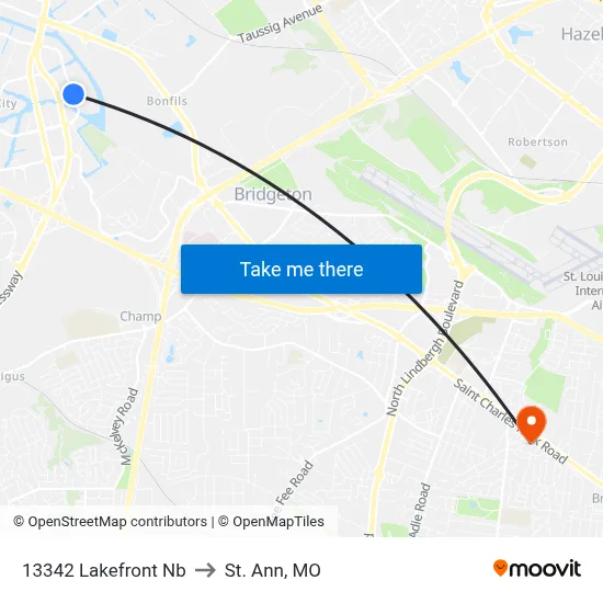 13342 Lakefront Nb to St. Ann, MO map