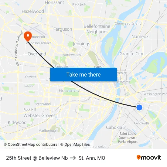 25th Street @ Belleview Nb to St. Ann, MO map