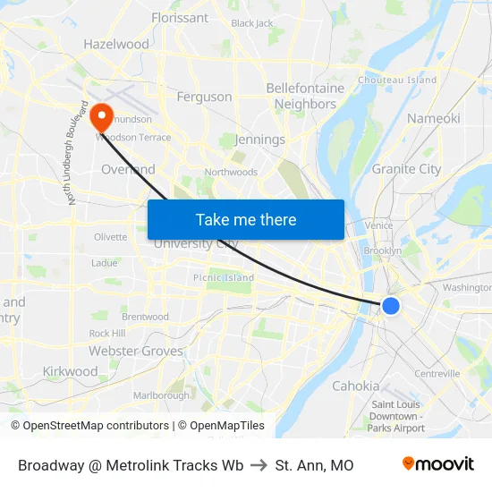 Broadway @ Metrolink Tracks Wb to St. Ann, MO map