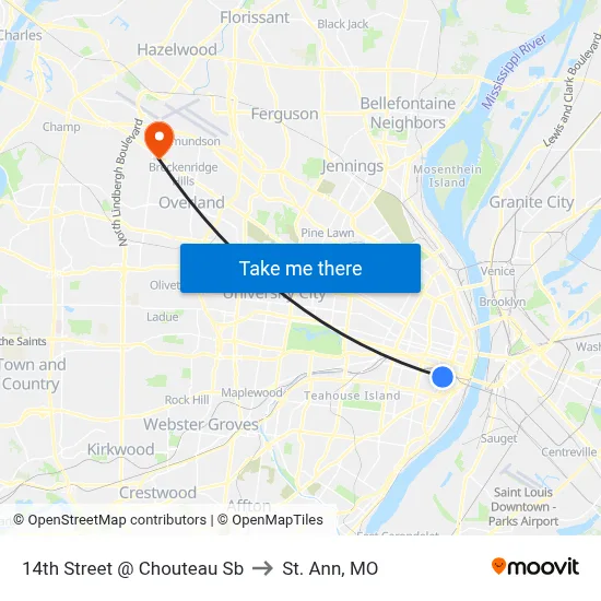 14th Street @ Chouteau Sb to St. Ann, MO map