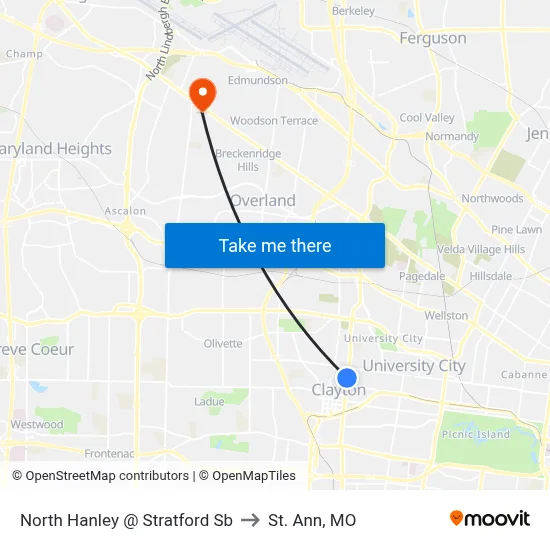 North Hanley @ Stratford Sb to St. Ann, MO map