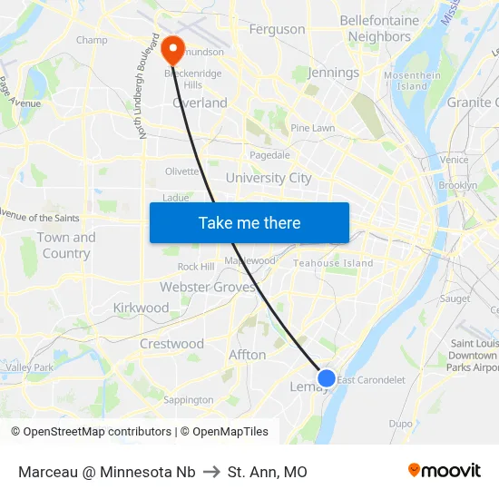 Marceau @ Minnesota Nb to St. Ann, MO map
