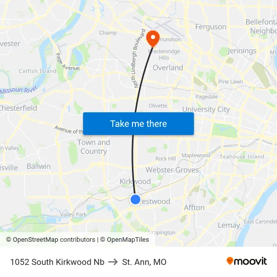 1052 South Kirkwood Nb to St. Ann, MO map