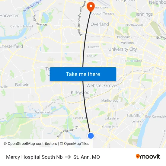 Mercy Hospital South Nb to St. Ann, MO map