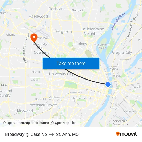 Broadway @ Cass Nb to St. Ann, MO map