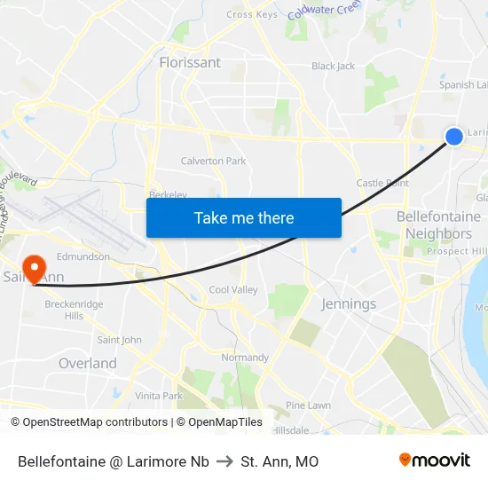 Bellefontaine @ Larimore Nb to St. Ann, MO map