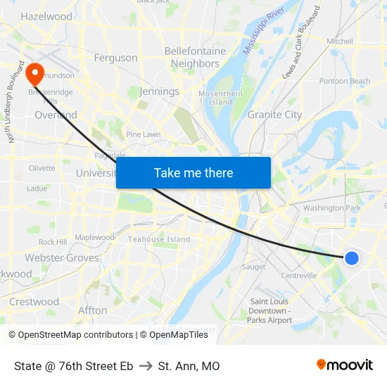 State @ 76th Street Eb to St. Ann, MO map