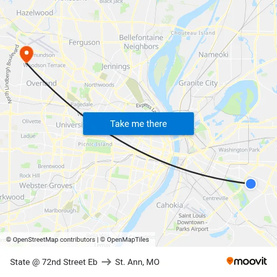 State @ 72nd Street Eb to St. Ann, MO map