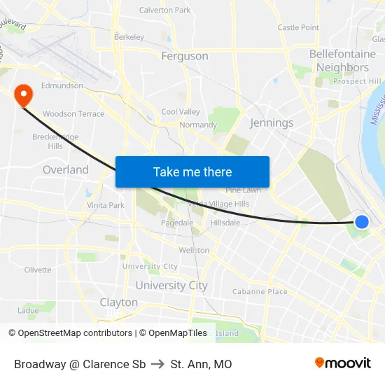 Broadway @ Clarence Sb to St. Ann, MO map