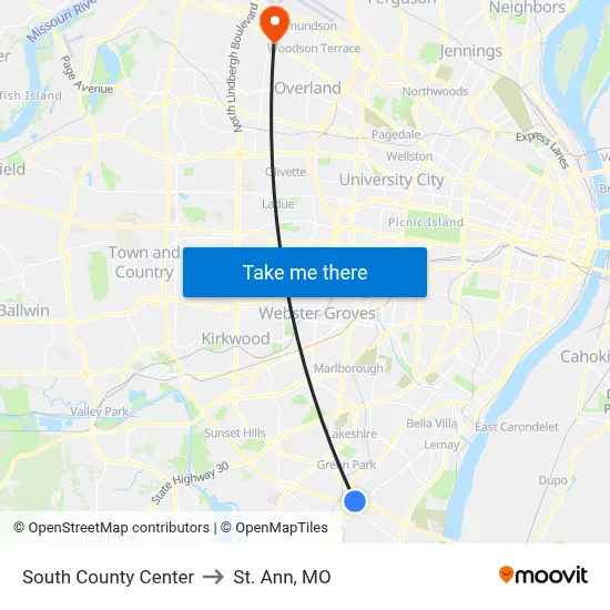 South County Center to St. Ann, MO map