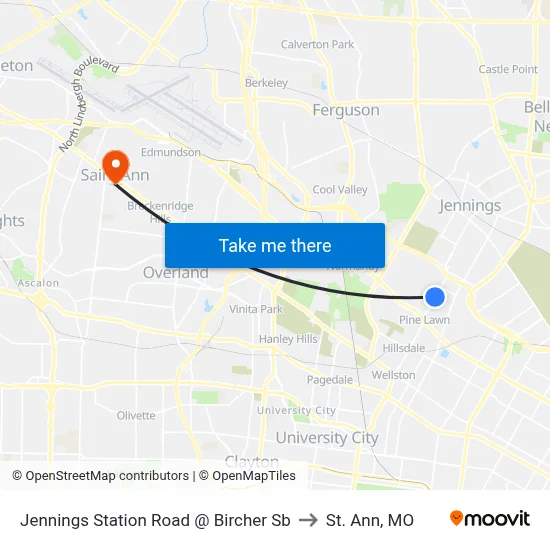 Jennings Station Road @ Bircher Sb to St. Ann, MO map