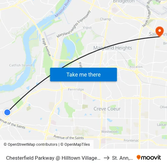 Chesterfield Parkway @ Hilltown Village Center Nb to St. Ann, MO map