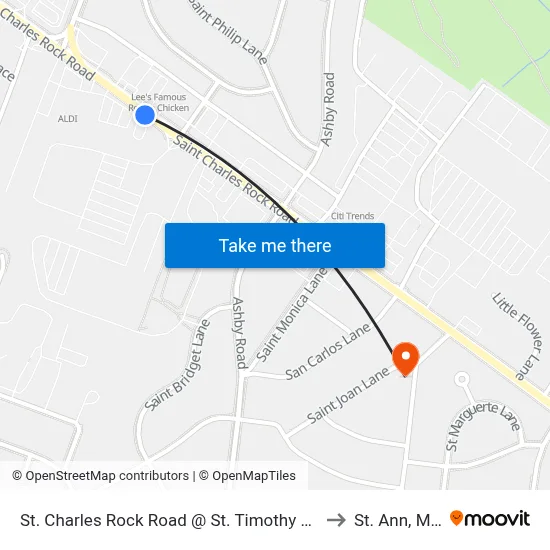 St. Charles Rock Road @ St. Timothy Eb to St. Ann, MO map