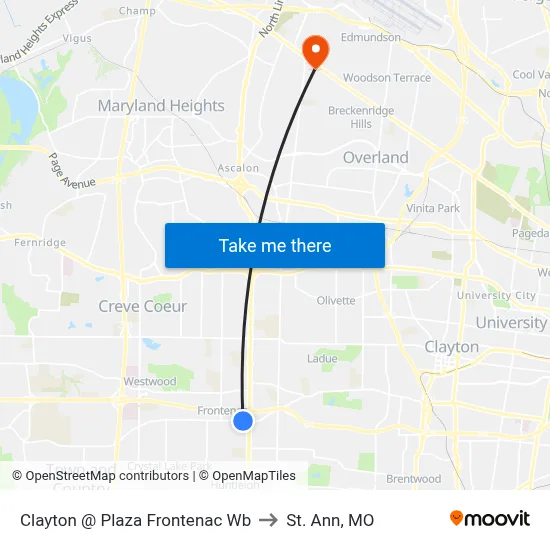 Clayton @ Plaza Frontenac Wb to St. Ann, MO map