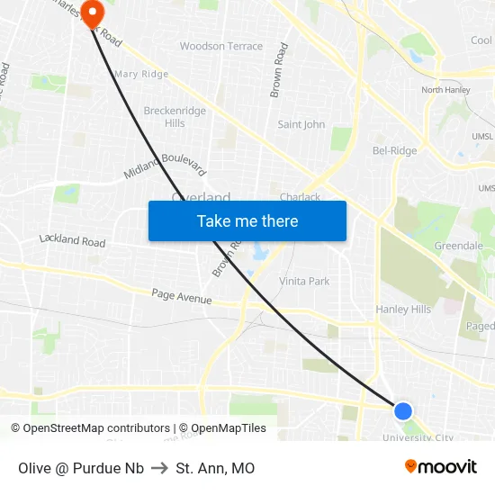 Olive @ Purdue Nb to St. Ann, MO map