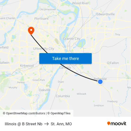 Illinois @ B Street Nb to St. Ann, MO map