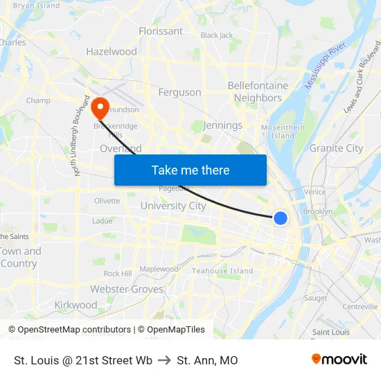 St. Louis @ 21st Street Wb to St. Ann, MO map