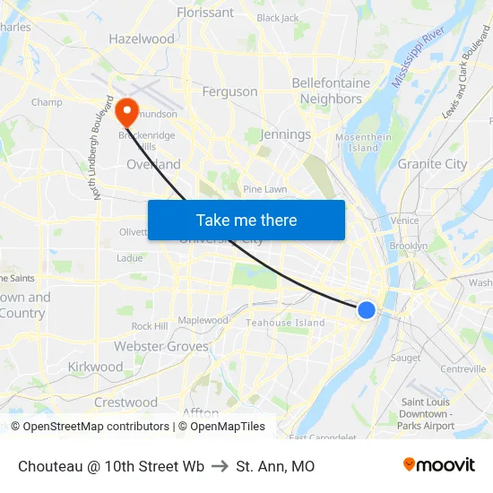Chouteau @ 10th Street Wb to St. Ann, MO map