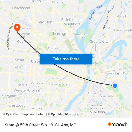 State @ 50th Street Wb to St. Ann, MO map