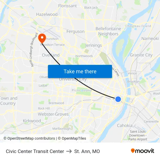 Civic Center Transit Center to St. Ann, MO map
