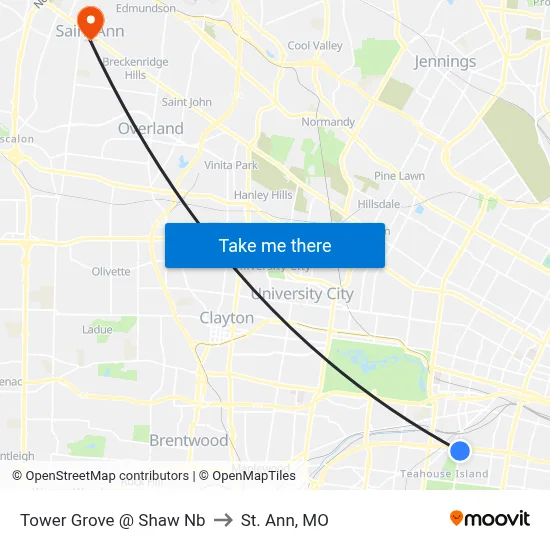 Tower Grove @ Shaw Nb to St. Ann, MO map