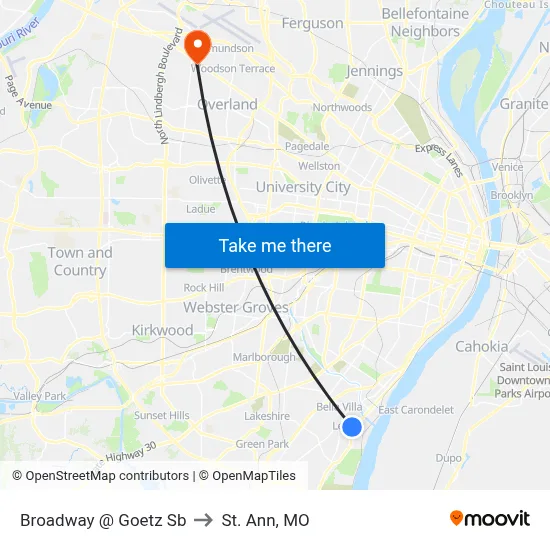 Broadway @ Goetz Sb to St. Ann, MO map