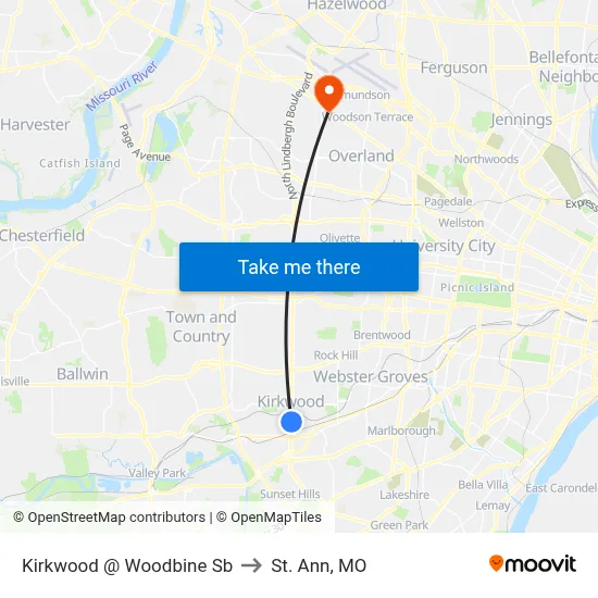 Kirkwood @ Woodbine Sb to St. Ann, MO map