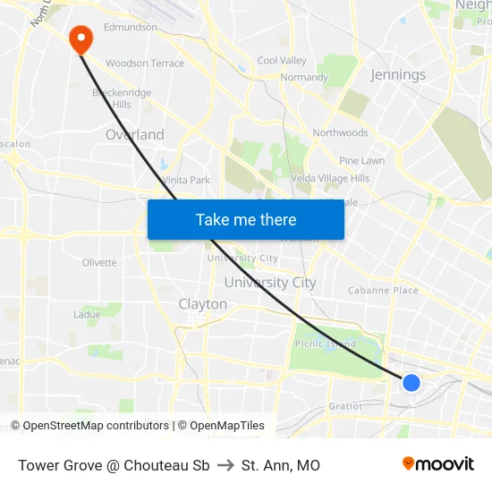 Tower Grove @ Chouteau Sb to St. Ann, MO map
