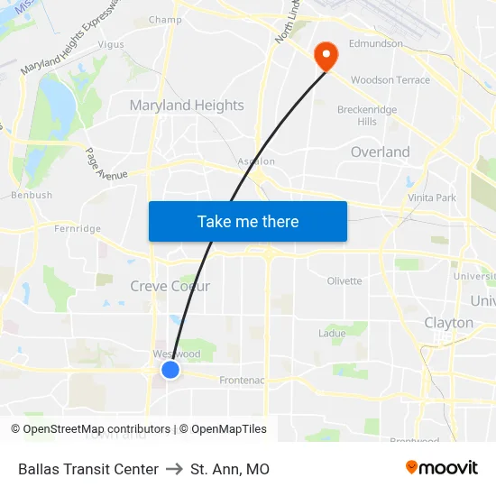 Ballas Transit Center to St. Ann, MO map