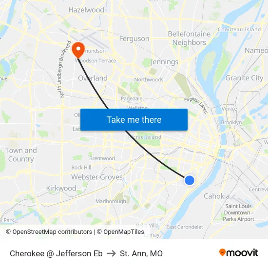 Cherokee @ Jefferson Eb to St. Ann, MO map