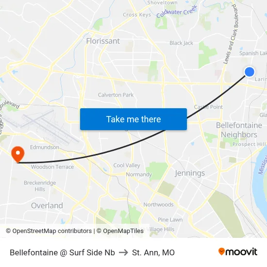 Bellefontaine @ Surf Side Nb to St. Ann, MO map