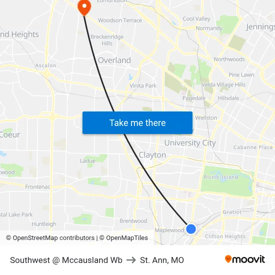 Southwest @ Mccausland Wb to St. Ann, MO map