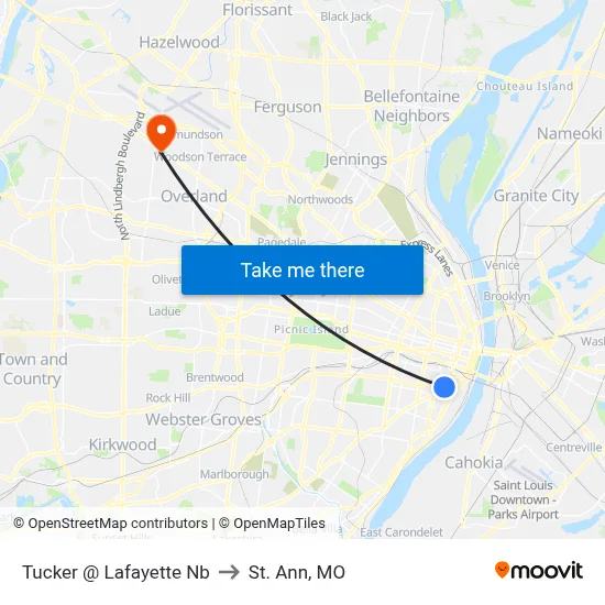 Tucker @ Lafayette Nb to St. Ann, MO map