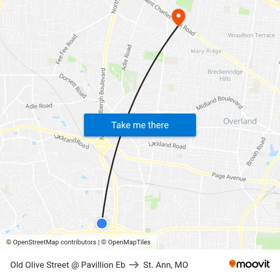 Old Olive Street @ Pavillion Eb to St. Ann, MO map