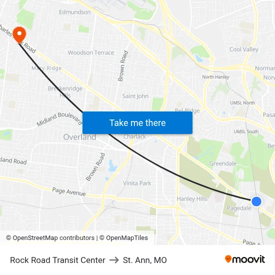 Rock Road Transit Center to St. Ann, MO map