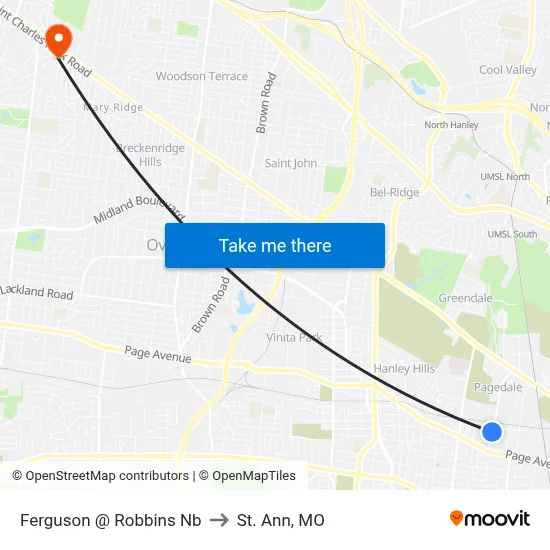 Ferguson @ Robbins Nb to St. Ann, MO map