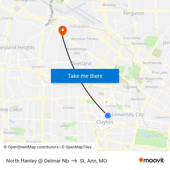 North Hanley @ Delmar Nb to St. Ann, MO map