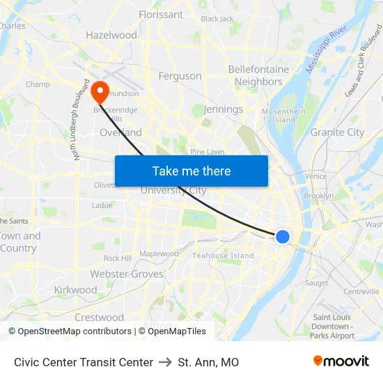 Civic Center Transit Center to St. Ann, MO map