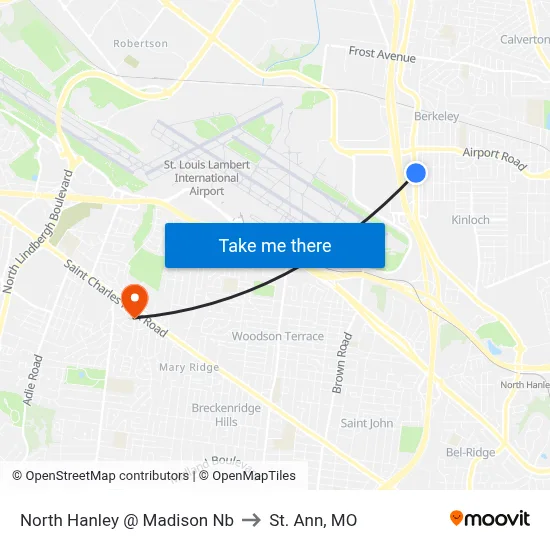 North Hanley @ Madison Nb to St. Ann, MO map